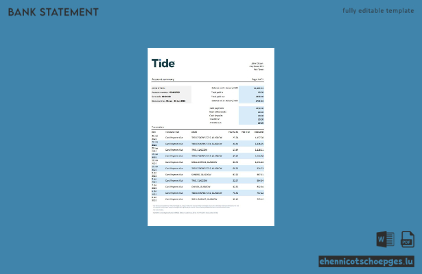 Beispiel für einen Kontoauszug der Tide Bank aus Großbritannien (Excel-Vorschau)